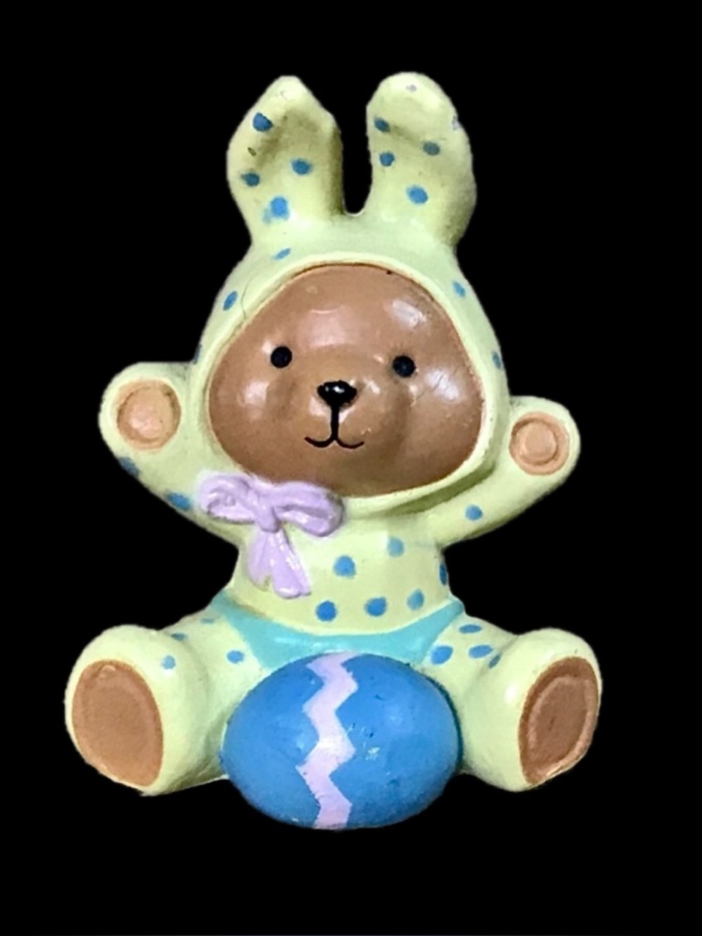 Resin Teddy Bear In Yellow Polka Dot Easter Bunny Costume Figurine Twee Whimsy